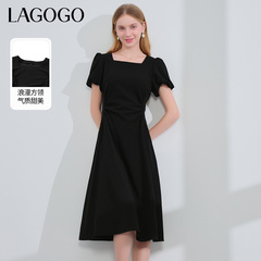 Lagogo拉谷谷法式方领黑色连衣裙女2024夏季新款泡泡袖收腰赫本风
