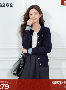 LAGOGO藏青色圆领针织衫女拉谷谷2025秋冬款学院风上衣OCMM818B21