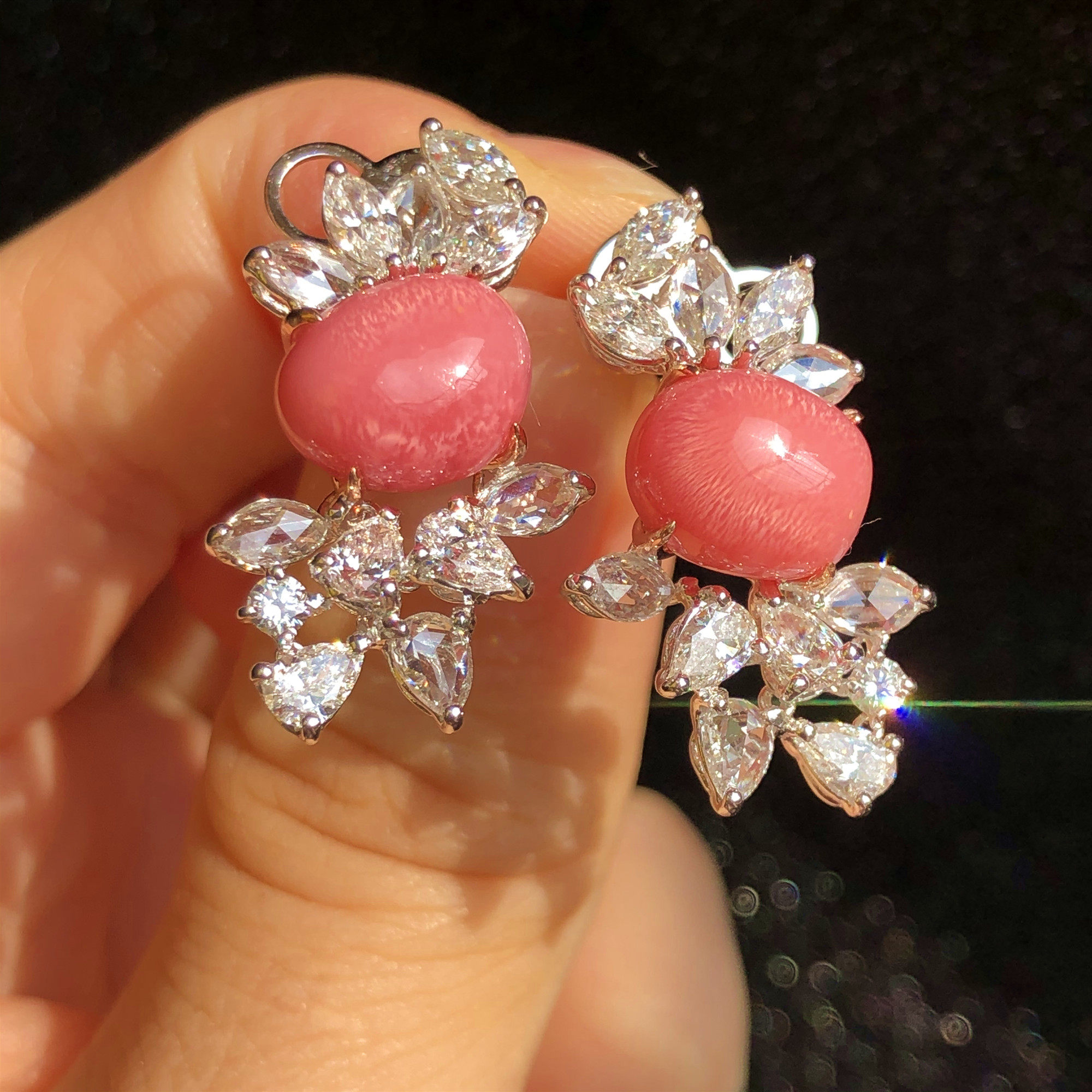 『sold』可遇不可求 收藏级10克拉浓粉色强火焰纹海螺珠钻石耳钉