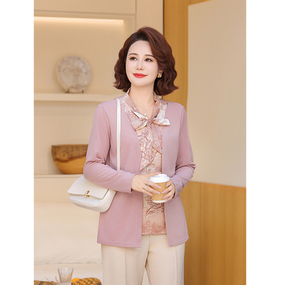 妈妈春装上衣 2026 新款中年女装洋气飘带假两件小衫宽松遮肚打底