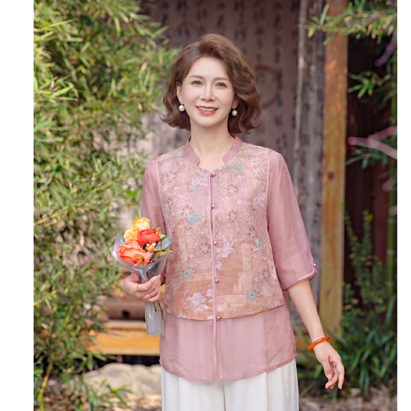 妈妈夏装轻薄透气新中式上衣 国风假两件盘扣印花中袖衫自信悦己