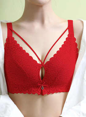 性感95B大胸显小蕾丝内衣女收副乳防下垂聚拢薄杯薄款大红文胸罩