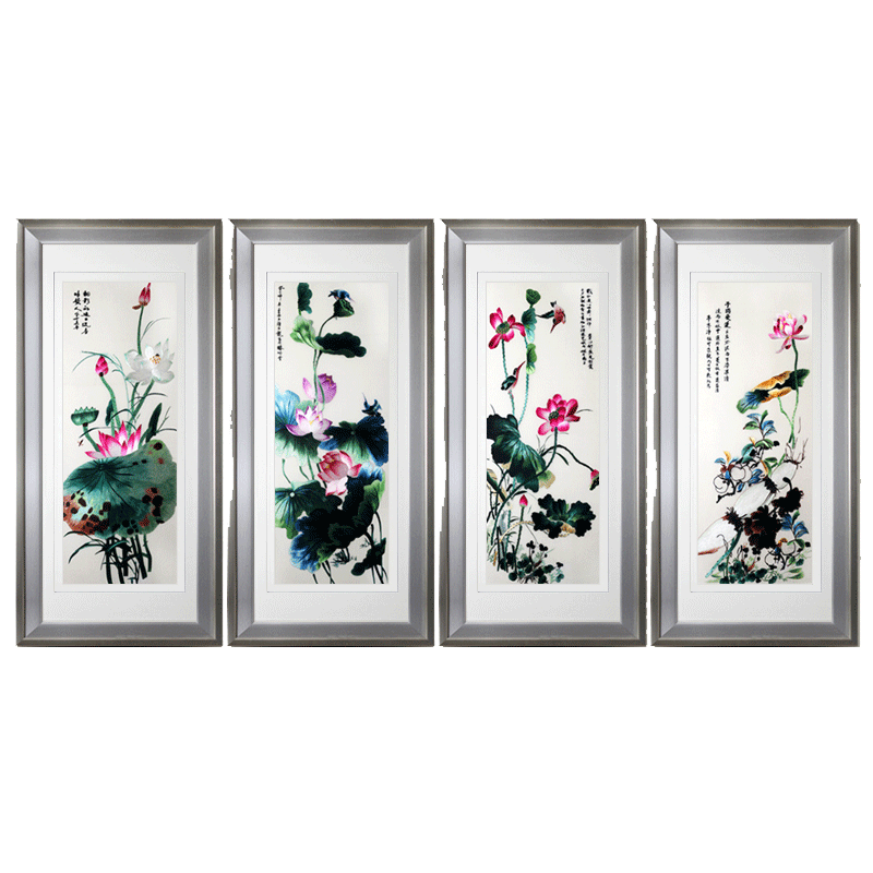 有福湘绣荷花单面绣四联屏书房客厅装饰画花鸟莲莲有鱼风水名画