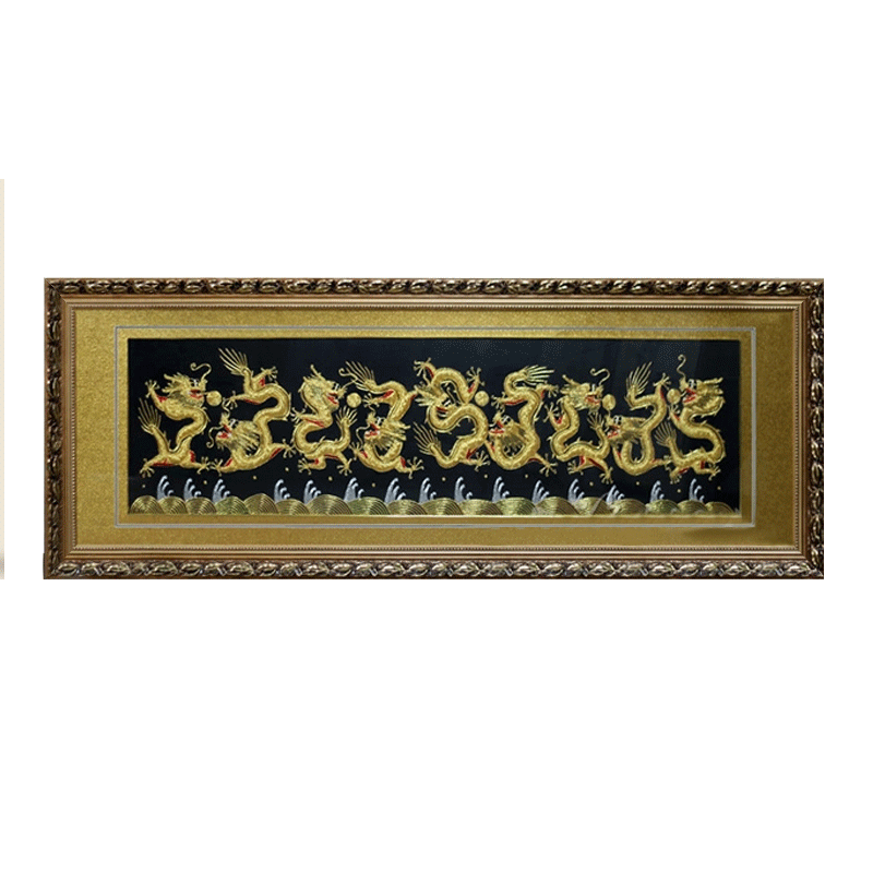有福湘绣苏绣风水名画盘金九龙图挂画客厅书房玄关精品装饰画定制