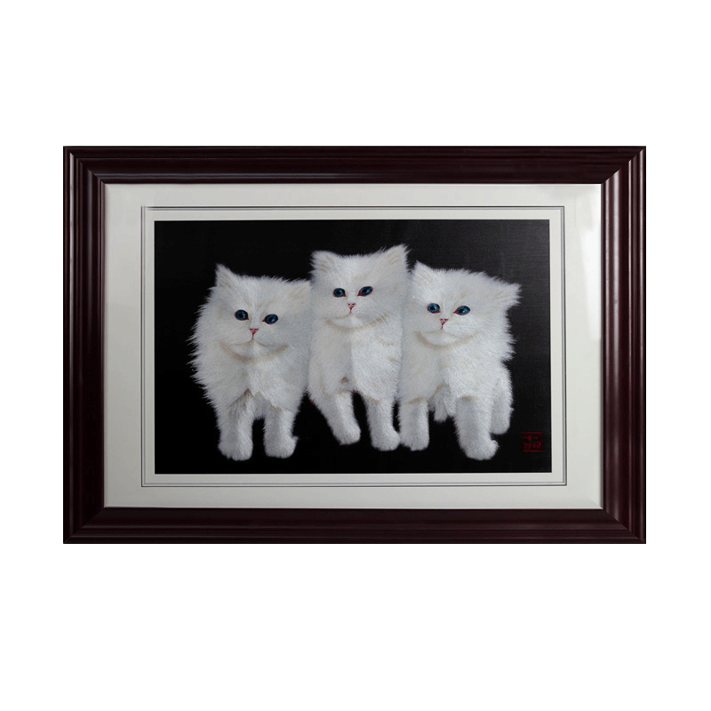有福湘绣苏绣招财猫狗书房装饰画三只小猫客厅过道挂画湖南特产