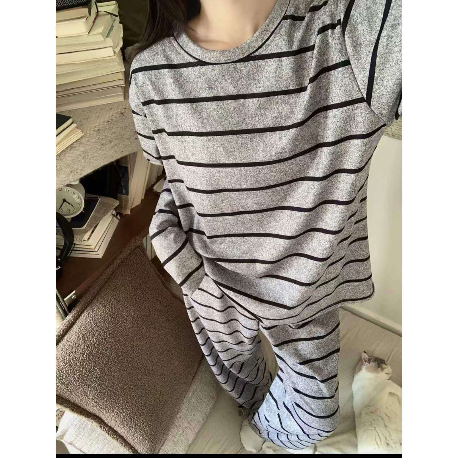 大学生女生德绒家居服打底衫大码灰色条纹长袖睡衣保暖家居服套装