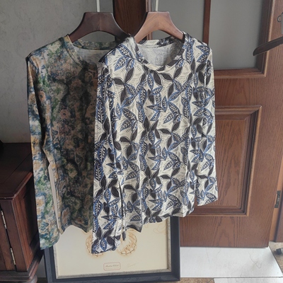 超细纯羊毛女士圆领长袖印花T亲肤柔软3547