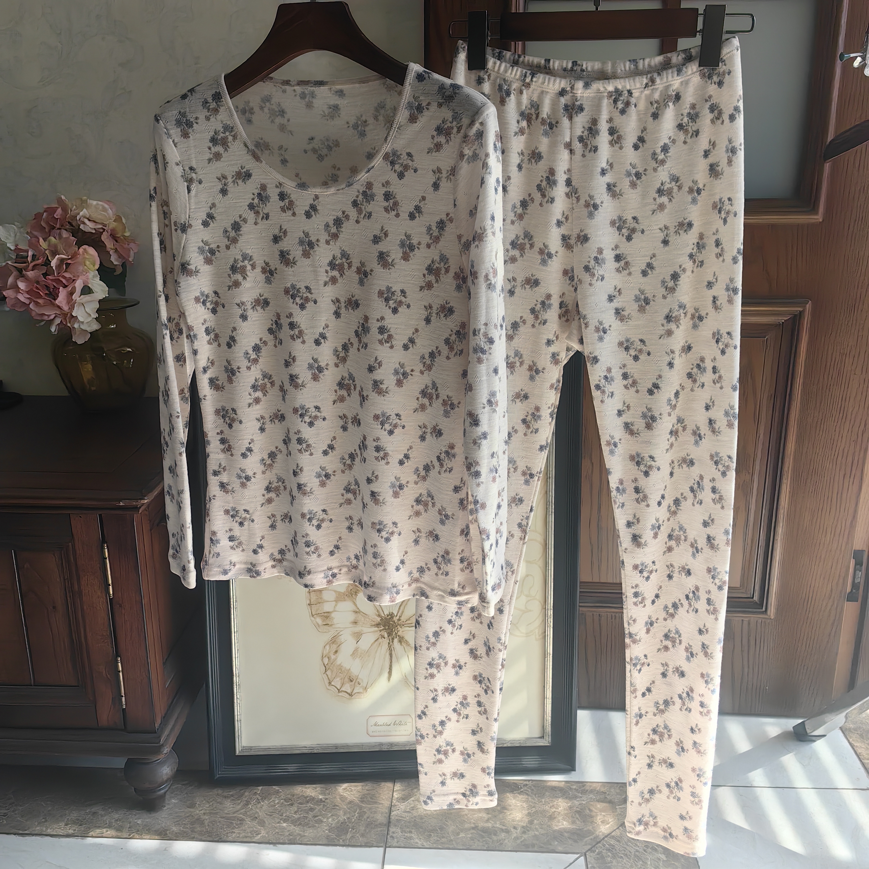 超细纯羊毛女士内衣套装提花印花罗纹高弹保暖