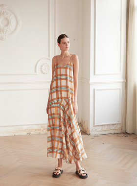 CUISUYUN20秋独立设计师不规则格子吊带连衣裙鱼尾裙