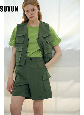 CUISUYUN秋独立设计师绿色工装多口袋马甲