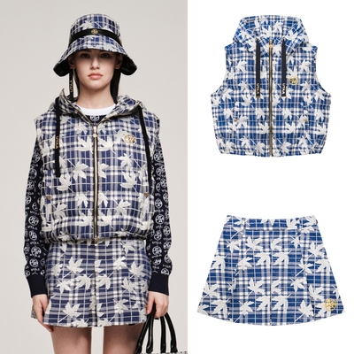 韩国代购UTAA高尔夫球服25女士秋冬百搭图案印花格子连帽背心短裙