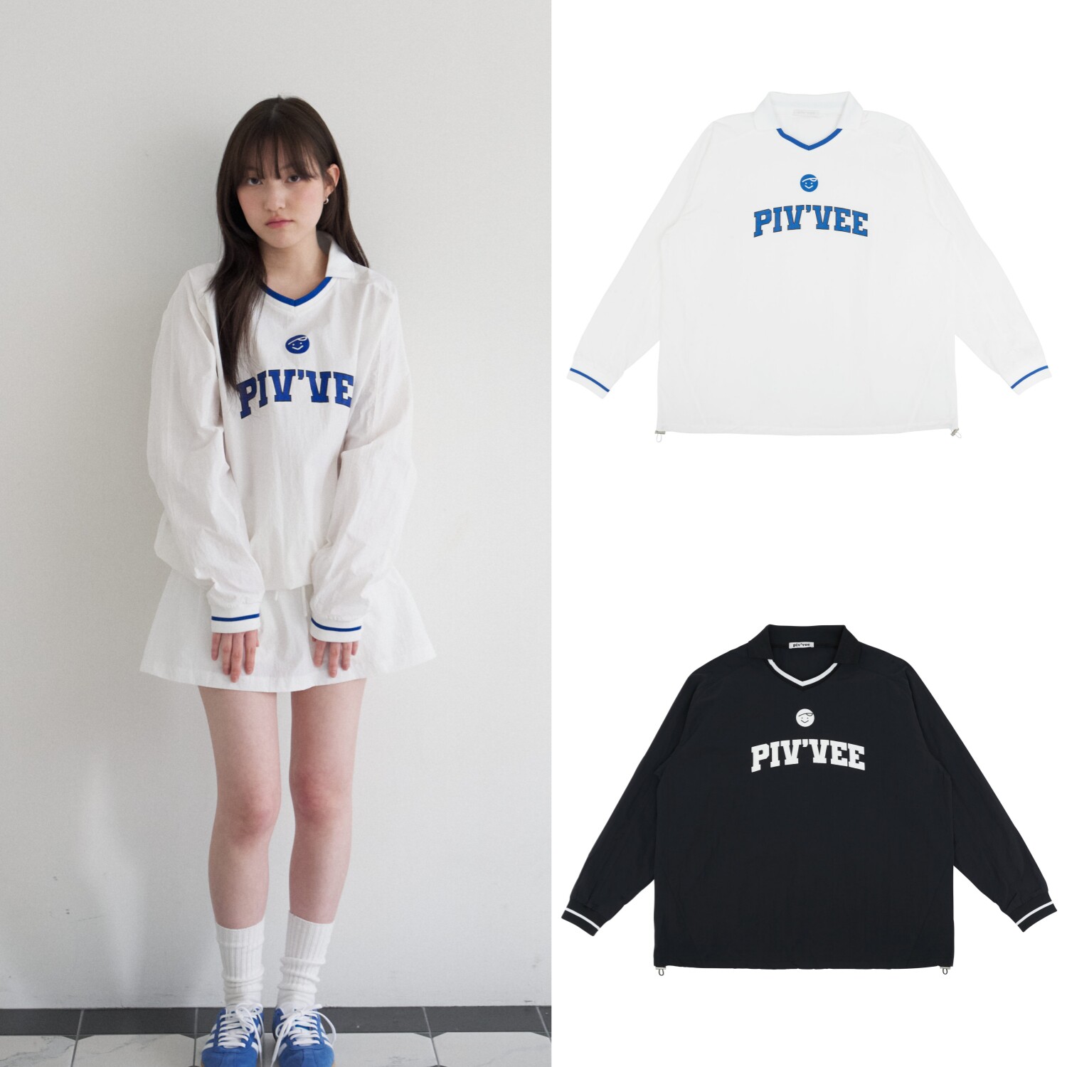 26年女士春夏韩国代购Pivvee高尔夫球服翻领配色长袖百搭运动卫衣