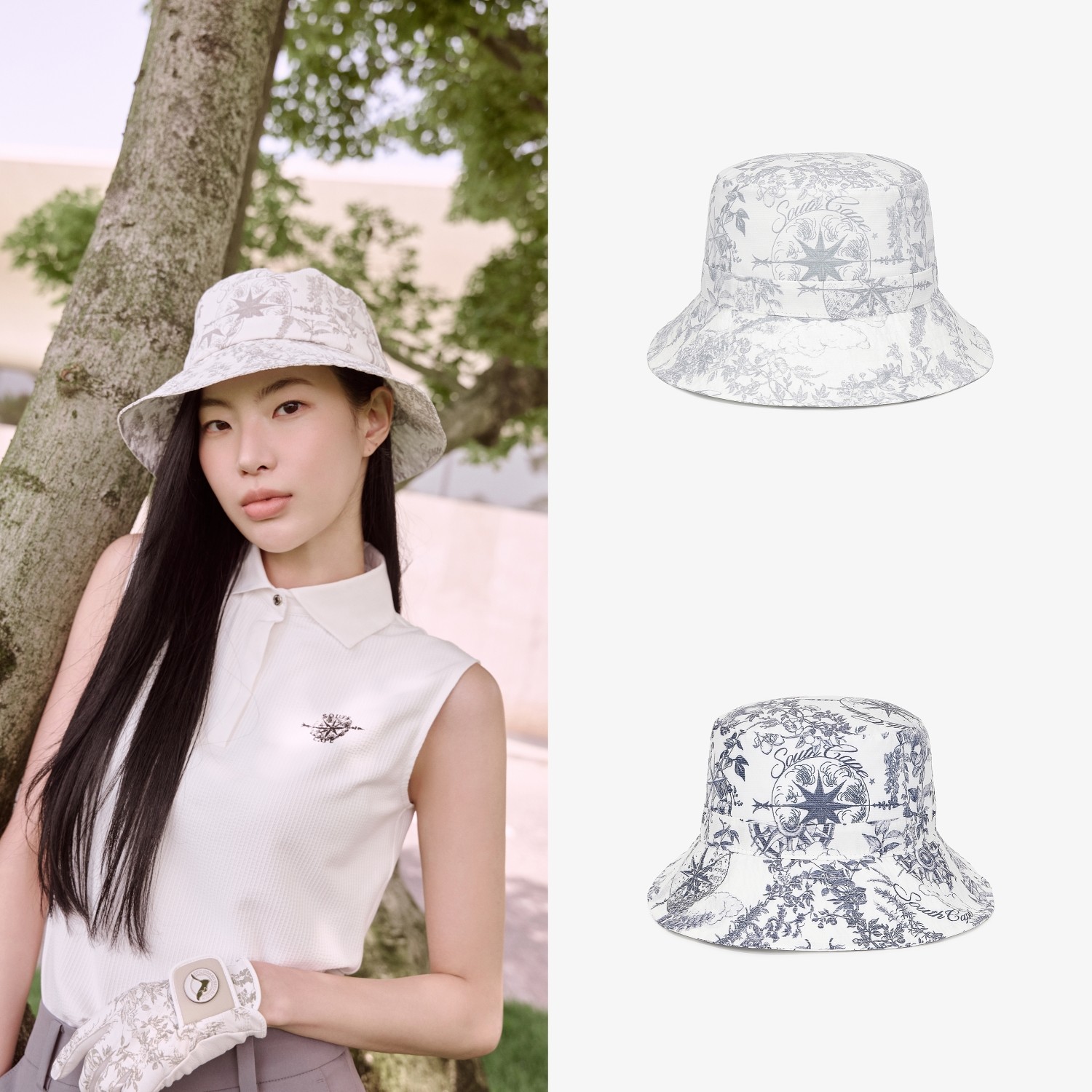 女士秋冬韩国代购southcape高尔夫球帽休闲印花防晒水桶帽渔夫帽