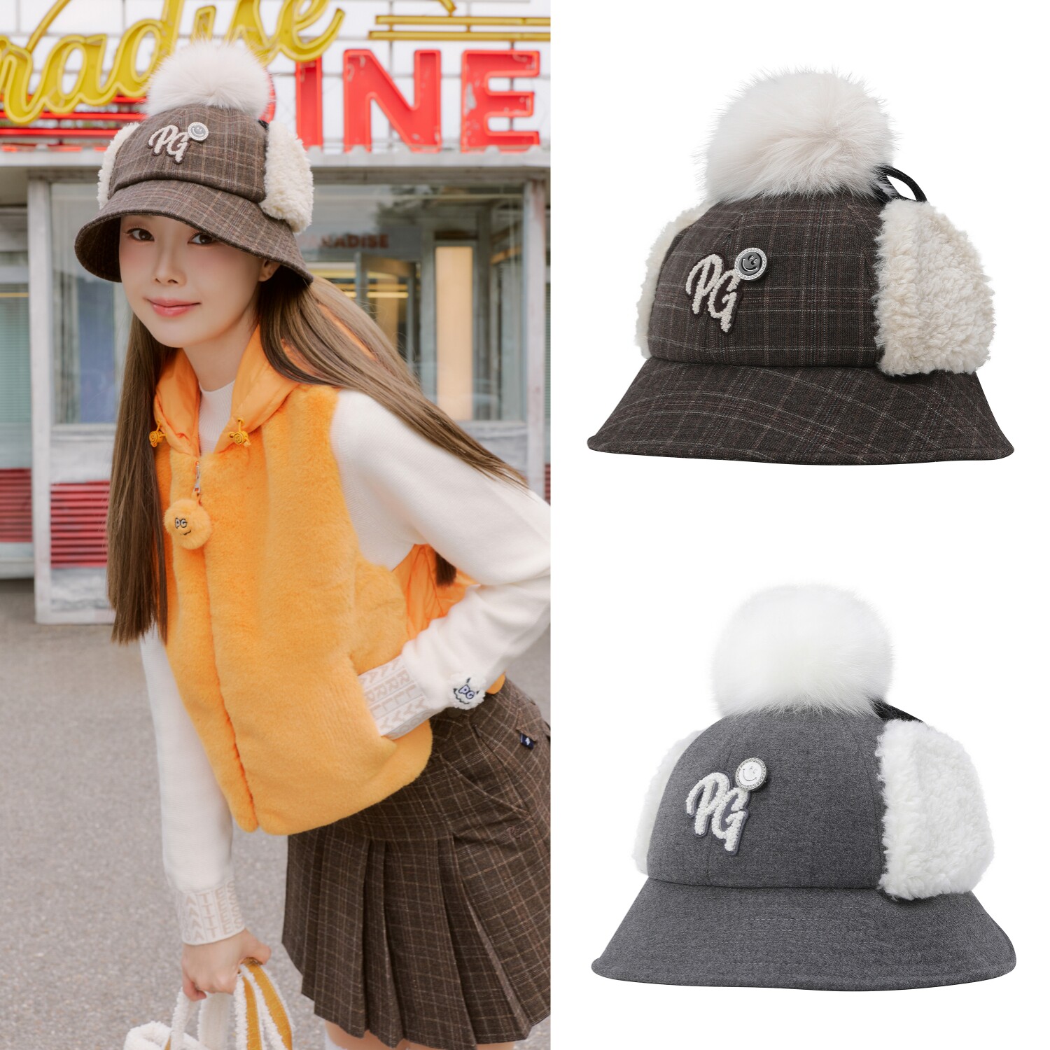 25秋冬女士韩国代购PEARLYGATES高尔夫运动毛绒保暖护耳水桶帽子