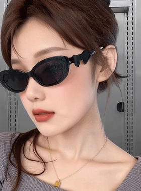 Y2K辣妹街拍猫眼蝴蝶结椭圆复古太阳镜欧美时尚户外防晒墨镜女潮