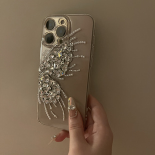 适用17promax奢华水钻手机壳15pro全包透明硬壳13保护套14贴钻蝴蝶珍珠16定制17air