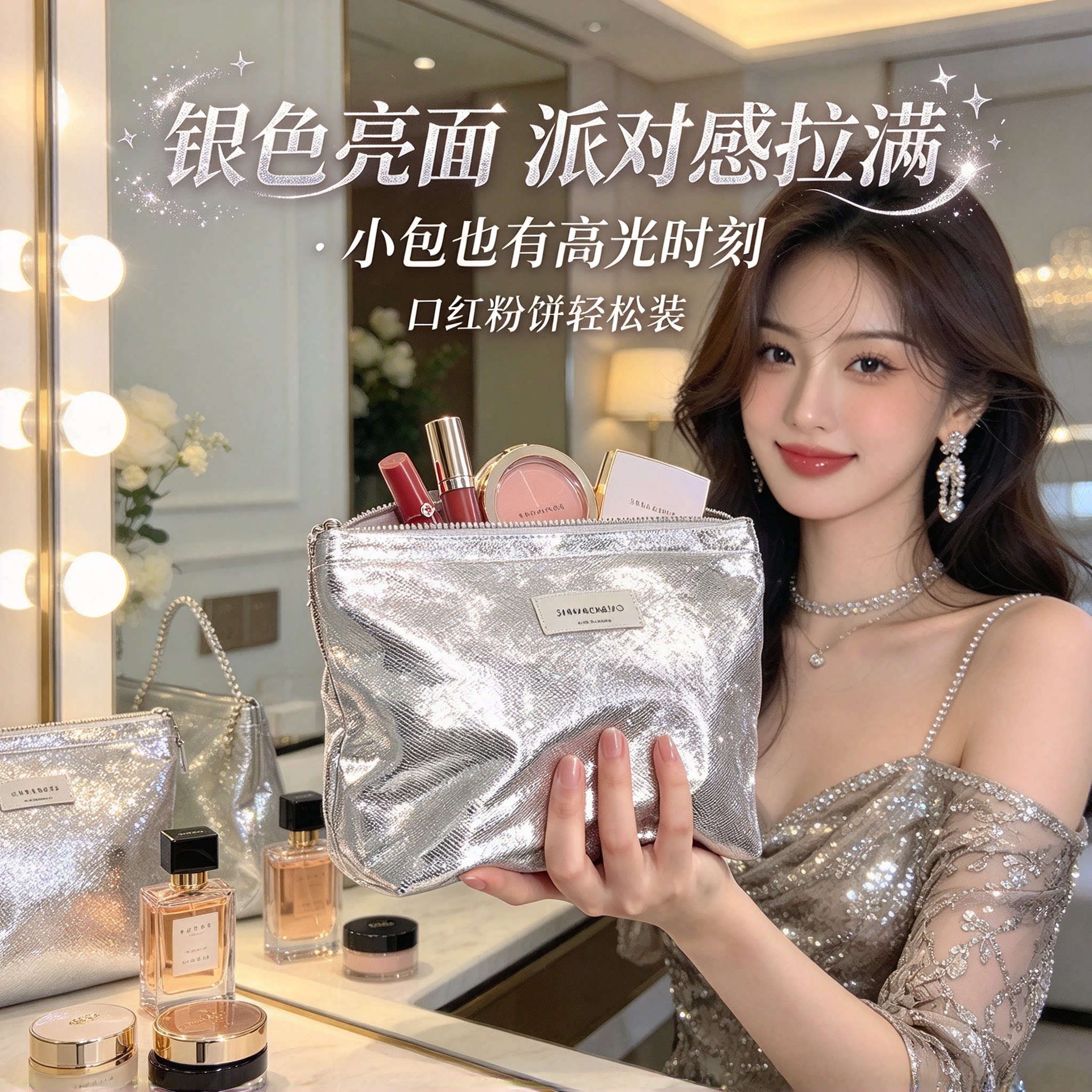 爆闪手拿包原创新款化妆包大容量洗漱包外出收纳包整理袋简约便携