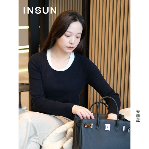 「美丽诺」INSUN恩裳冬季假两件圆领休闲松弛感羊毛针织衫