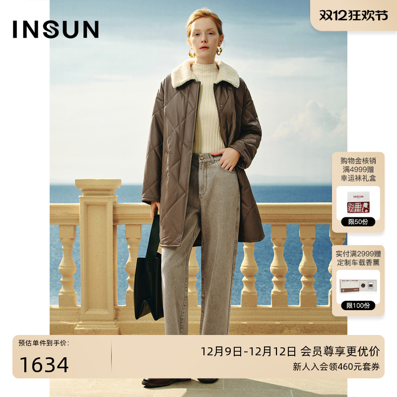 INSUN恩裳专选2024美拉德菱形格骆驼绒绵羊皮羽绒服