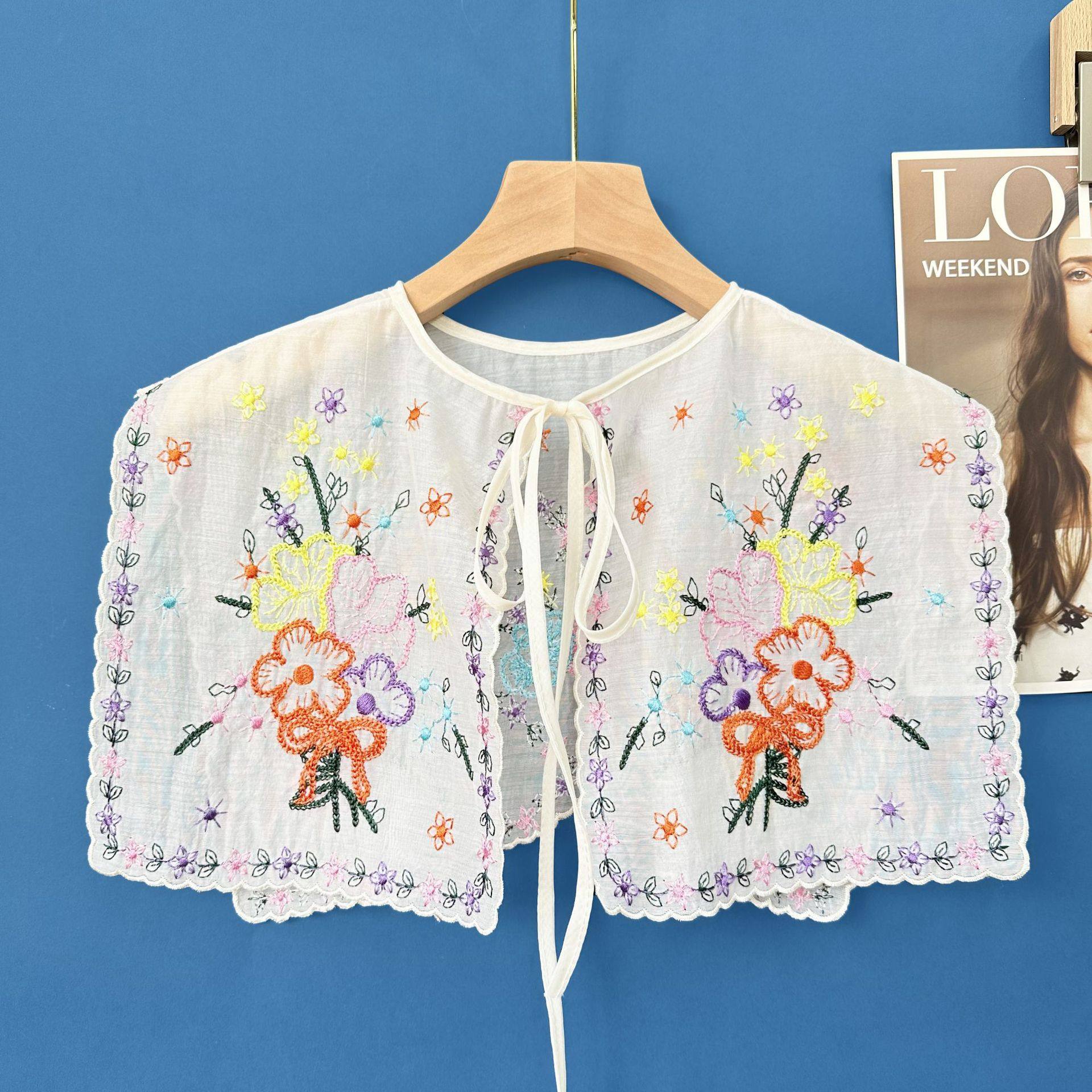 海军领刺绣花杏黑披肩T恤装饰假衣领新款彩色云肩配裙子韩田园女