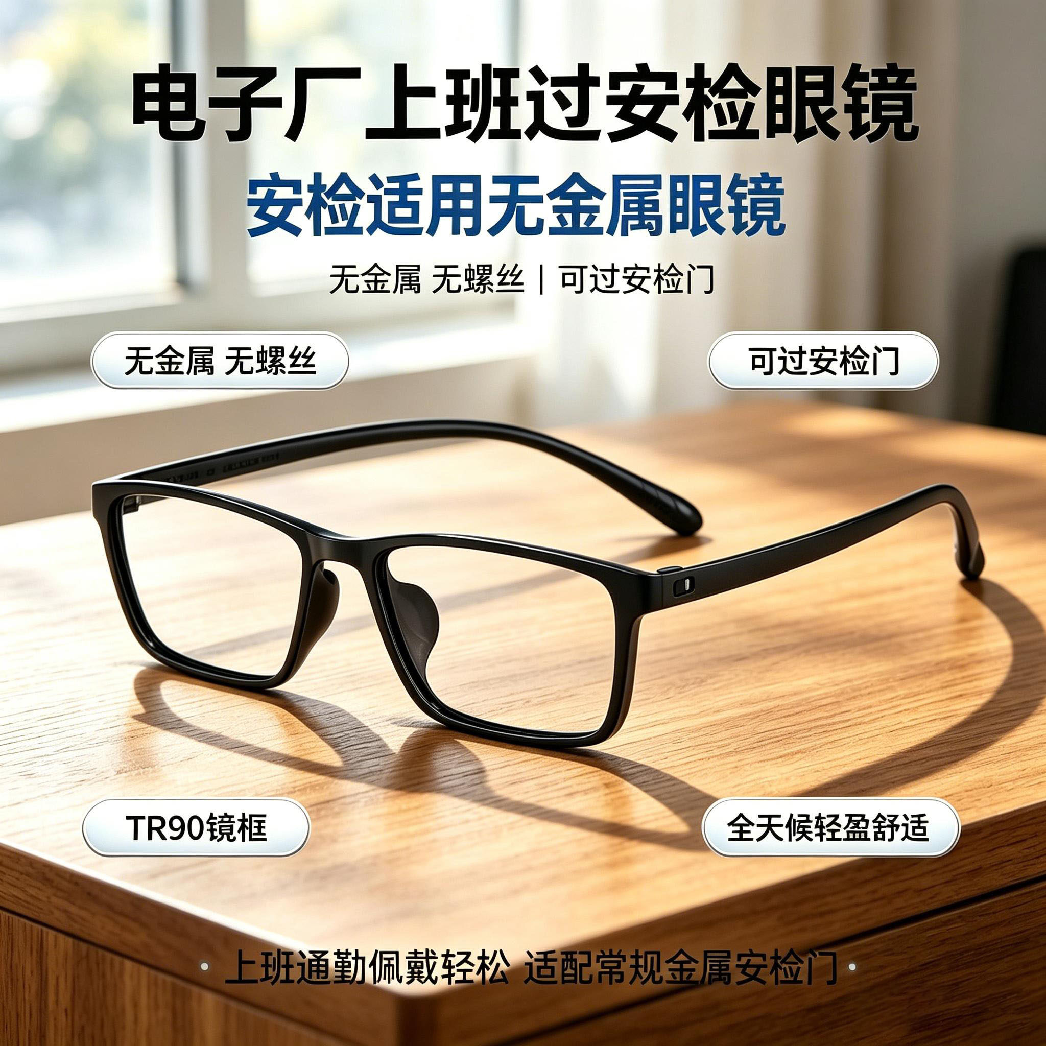 无尘车间无金属近视眼镜TR90无螺丝全塑胶框电子工厂上班过安检门