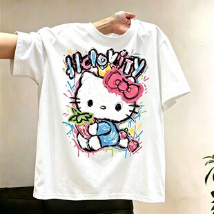 女童夏季新款美式草莓kt猫印花纯棉短袖T恤中大童圆领印花上衣潮