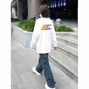 纯棉美式长袖街头酷帅气学院ins风T恤男女童学生潮流火焰字母上衣
