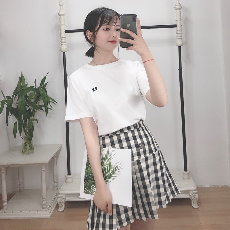 2020夏季新款纯棉短袖T恤女卡通米奇刺绣宽松百搭体恤打底上衣潮