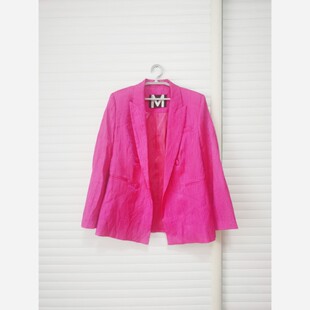 出口欧美外贸原单女春秋季三宅风珠光褶皱西装外套荧光粉休闲西服