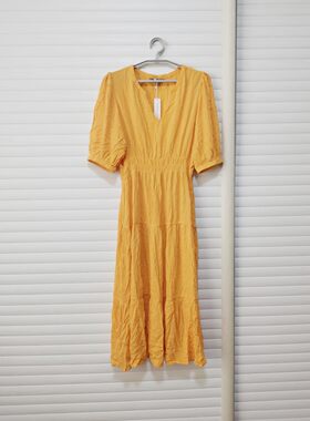 澳洲女夏人造丝连衣裙黄色松紧腰