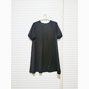 出口日本外贸原单女大童夏季插肩袖黑色泡泡纱短袖连衣裙镂空甜美