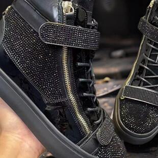 WR GZ新款水钻牛皮高帮金属拉链男鞋圆头平底羊毛软底舒适男潮鞋
