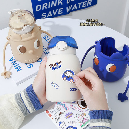 新款316不锈钢保温杯颜值大肚杯便携防摔儿童背带吸管水杯500ml