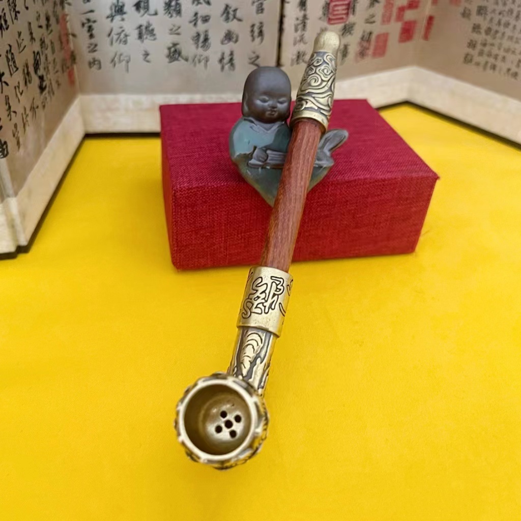 黄铜老式烟杆老人旱烟袋便携浮雕