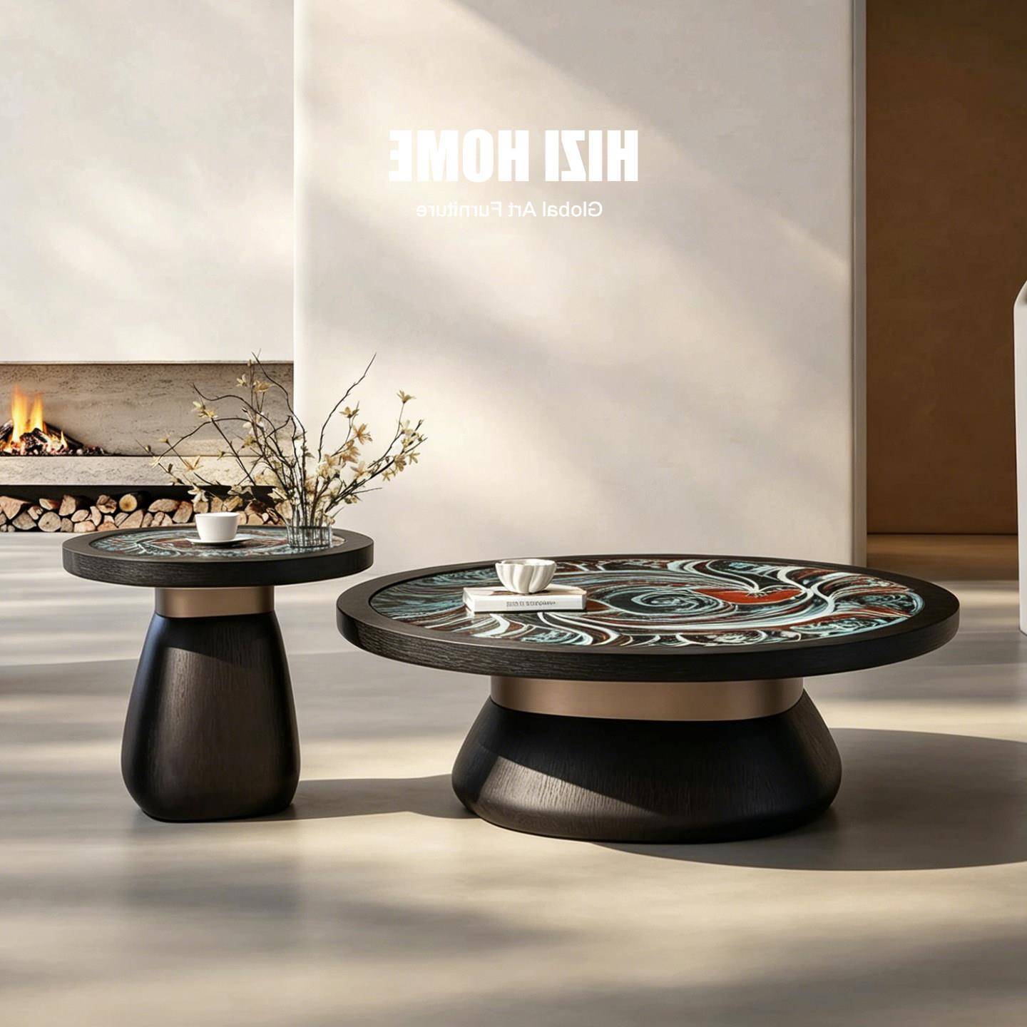 中古风圆形茶几组合玻璃桌面木质叠雕艺术设计师小户型客厅家具