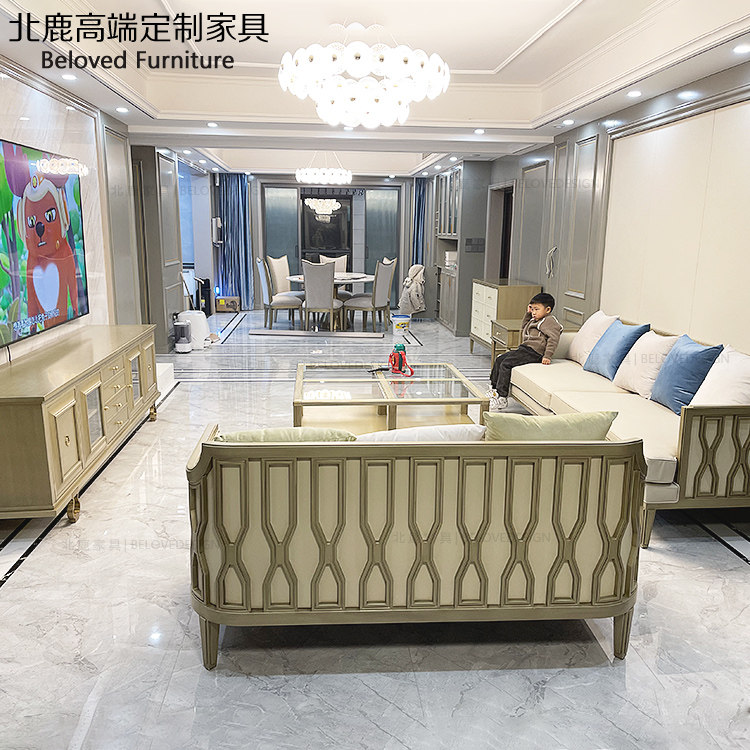 美式轻奢沙发北欧客厅简约现代实木雕刻小户型布艺沙发3+2+1组合