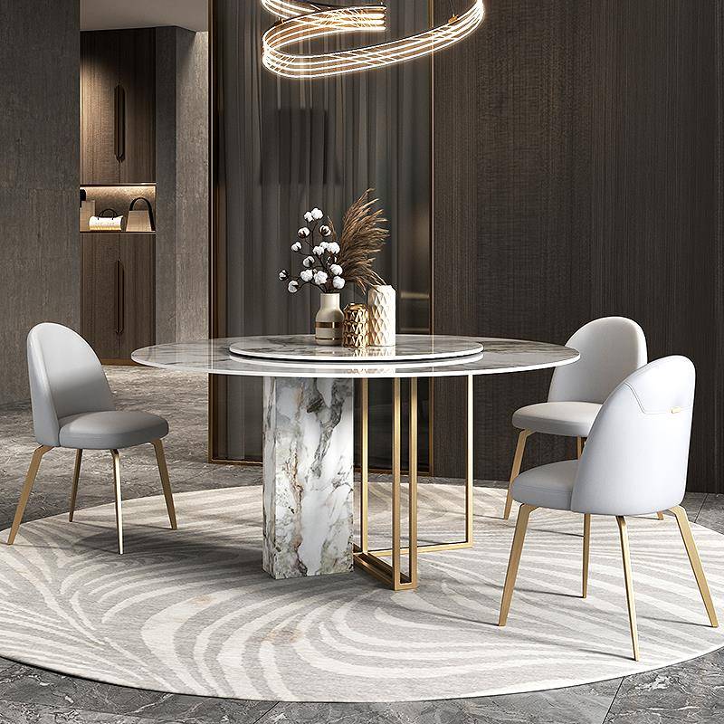 亮光岩板圆桌带转盘10人8人现代简约轻奢高端家用岩板圆形餐桌椅