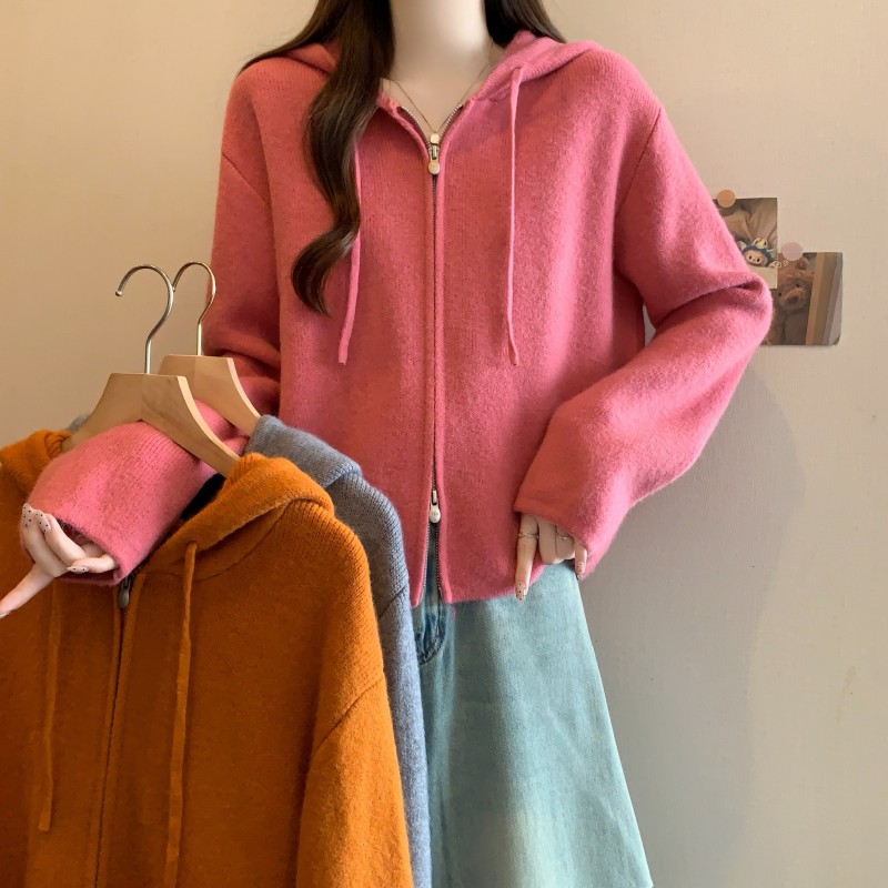 ~大码胖MM秋季新款连帽简约双拉链长袖正肩上衣开衫毛衣，女装大码女装，衣嘉衣服饰