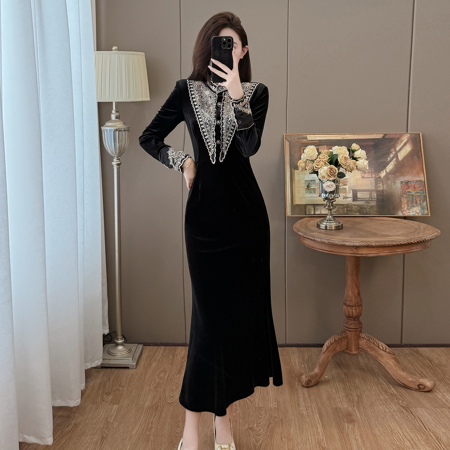 复古丝绒鱼尾小众气质御姐风新中式连衣裙，女装连衣裙，衣嘉衣服饰