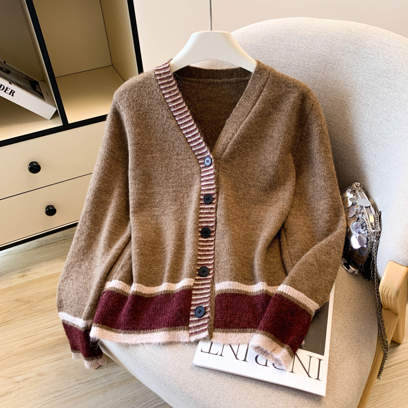 美式复古撞色拼接长袖条纹针织开衫外套女秋冬毛衣上衣，女装针织衫/毛衣，衣嘉衣服饰