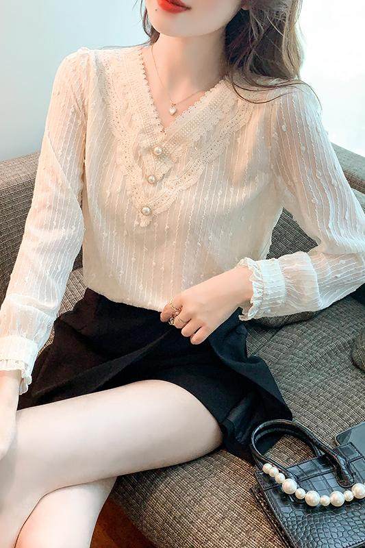 2025秋冬新款加绒加厚雪纺衬衫气质上衣打底衫蕾丝衫，女装蕾丝衫/雪纺衫，衣嘉衣服饰