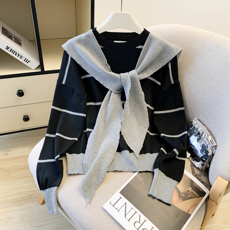 2025秋装新款韩版洋气设计感披肩条纹上衣针织衫毛衣女，女装针织衫/毛衣，衣嘉衣服饰