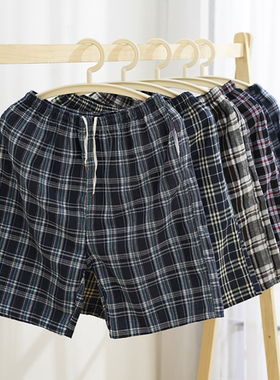 男士休闲裤格子条纹短裤夏天沙滩裤宽松五分裤纯棉运动裤子加大码