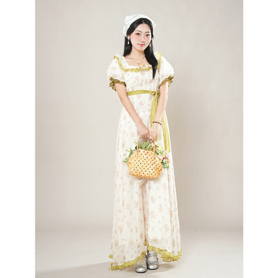 芙洛拉的花园 帝政款cla系复古优雅油画风绿色碎花方领小高腰长裙