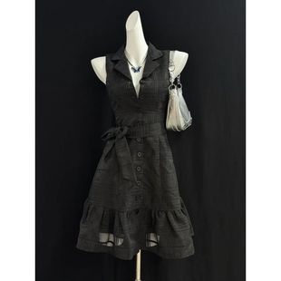 薄雾黑夜 夏季新款黑色连衣裙Vintage古着感设计感收腰辣妹风裙子