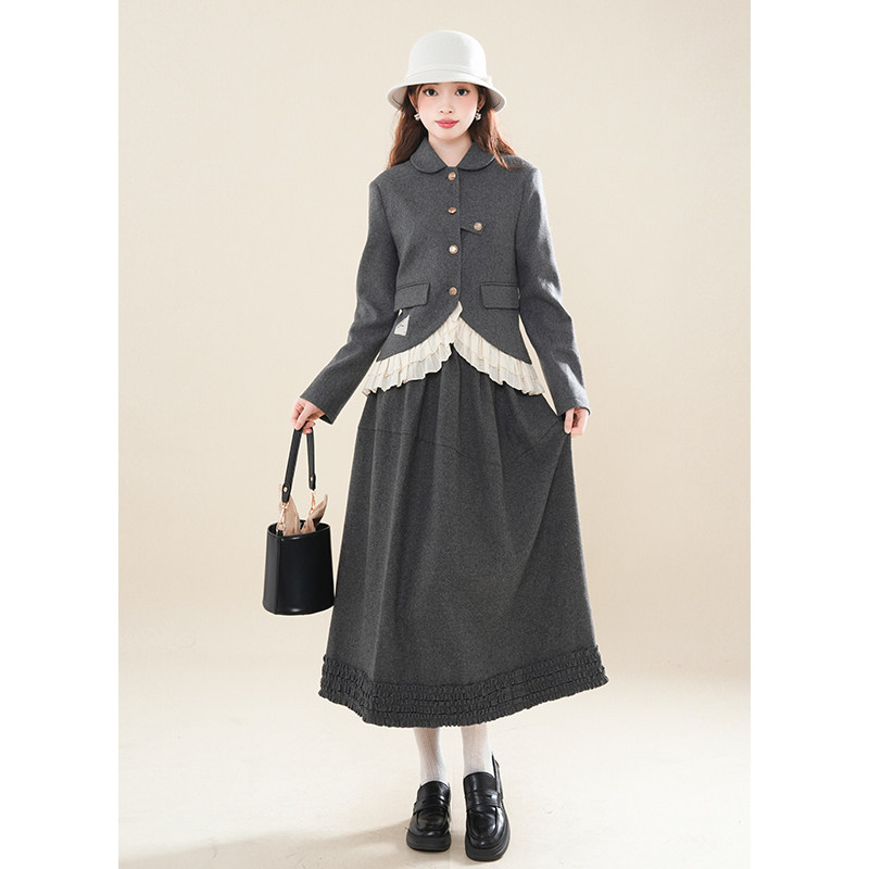 水无月日系温柔气质千金风套装女拼接荷叶边毛呢外套半身裙两件套,女装/女士精品,时尚套装,淘宝优惠券,粉丝福利购,淘宝优惠卷