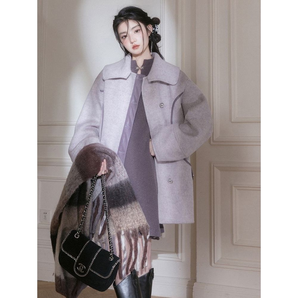 廓形大衣【露光夜紫】翻领拼接呢子外套女秋冬气质名媛风外搭大衣