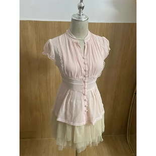 古着vintage复古套装女夏季新款收腰修身短袖上衣短裙雪纺