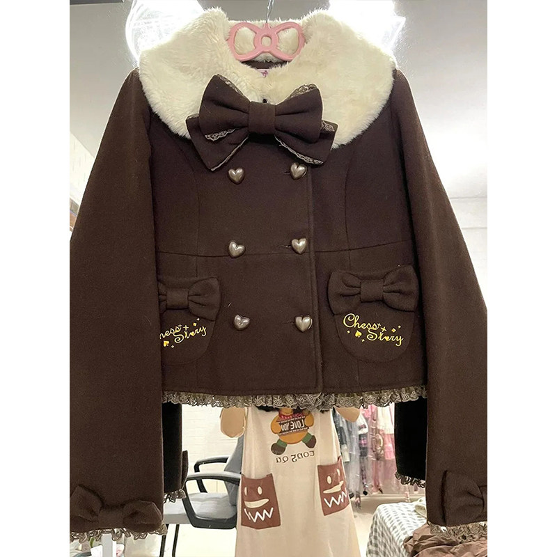 甜美设计感蝴蝶结毛领大衣女秋冬2025新款小众可爱显瘦棕色短外套,女装/女士精品,短外套,淘宝优惠券,粉丝福利购,淘宝优惠卷
