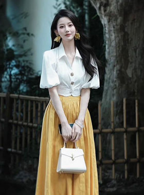 【黄玫瑰】度假泡泡袖宫廷风上衣+黄色半裙新款套装女夏裙子女